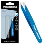 Tweezerman Bahama Blue Mini Slant Tweezer, Professional Stainless Steel Precision Tweezers for Facial Hair and Eyebrows, with Travel Case, (Pack of 1)