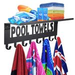 Kuhome Pool Towel Racks with Shelf Outdoor Pool Decor Wall Mount Towel Hooks Towel Holder with 8 Hooks Black Towel Storage Hanger Organizer for Bathroom Pool Accessories