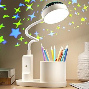 TechKen Lámpara de Escritorio para Niños, Lámpara de Noche LED Regulable Flexo LED para Lectura con Portalápices Lámpara de Mesa de Estudio Cuello de Cisne con Ces Proyección de Estrella