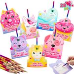 JOYIN 28pcs Valentines Cards with Rainbow Pencil for Kids Party Favors, Classroom Prize Supplies, Valentines Greeting Cards including Colorful Pencils