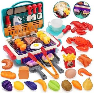HOLYFUN 42Pcs Kids BBQ Grill Toy, Barbecue Kitchen Cooking Playset with Realistic Spray, Light & Sound, Color Changing Play Food & Dishes Toy, Pretend BBQ Accessories Set for Girls Boys Toddler