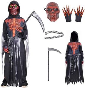 ZUCOS Costume de faucheuse, masque crâne, gants de crâne, unisexe, pour décoration de fête d'Halloween (rouge, 4-6 ans)