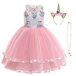 URAQT Unicorn Costume, Princess Unicorn Dress Fancy Dress with Necklace, Headband for Kids & Toddlers Birthday/Cosplay/Hallween Party,Pink 120CM