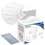 QUARANT Meltblown - SMMS Fabric 3 Ply Disposable Face Mask with Nose Clip and Reusable Travel Pouch (White, Pack of 100) for Unisex