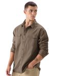 The Souled Store Solids: Brown Men and Boys Long Sleeve Collared Neck Button Front Regular Fit Utility Shirts