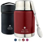 Prime Horizon Food Flask - 500ml Stainless Steel Vacuum Double Wall Jar with Folding Spoon, Leakproof and BPA Free. Free Insulated Travel Bag with Carabiner and Gift Box (Red)