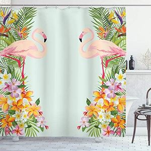 Ambesonne Floral Decor Shower Curtain, Flamingos Tropical Flowers and Flamingos Decorations for Home Print, Fabric Bathroom Decor Set with Hooks, 75 Inches Long, Baby Blue and Orange