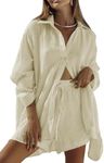 Fixmatti Women 2 Piece Outfits Long Sleeve Button Down Blouse and Shorts Sweatsuit Sets, Yellow, Medium