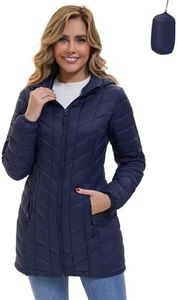 ZMC Women’s Lightweight Packable Puffer Jacket with Hood, Mid-Length Quilted Winter Coat with Zipper Pockets (Navy Blue,M)