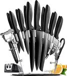 LUCENTEE - 17pc Kitchen Knife Set, Kitchen Gadgets with Steak Knives, Carving Knives for Kitchen, Chef Knife Set, Black Knife Set, Ultra-Sharp Ergonomic Knife Set, Scissors, Peeler and Knife Sharpener