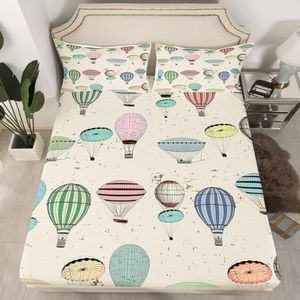 Cartoon Hot Air Balloon Fitted Sheet Queen Size Kids Retro Geometric Lines Bedding Set for Boys Teens Colorful Hot Air Balloon Bed Sheet Set Vintage Yellow Bed Cover Room Decor