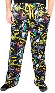 Batman Logos & DC Comics Characters All Over Print Mens Black Sleep Pajama Pants-L