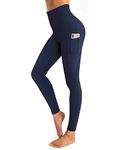 OUGES Womens High Waist Yoga Pants with Pockets Workout Running Gym Leggings(Navy,S)