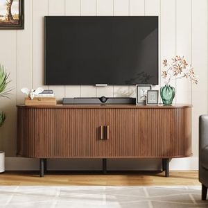 ONBRILL 55" TV Stand with Power Outlet for TVs up to 60 Inch, Entertainment Center with Storage and Adjustable Shelves, Modern Media Console with Sliding Doors for Living Room, Bedroom, Walnut