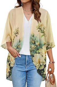 Women's Floral Print Puff Sleeve Kimono Cardigan Loose Cover Up Casual Blouse Tops(Beige White Floral,3XL)