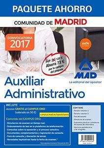 Paquete Ahorro Auxiliar Administrativo de la Comunidad de Madrid. Ahorro de 73 € (incluye Temarios 1 y 2; Test; Simulacros de examen; Supuestos ... y de ortografía y acceso a Campus Oro