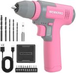 WORKPRO Pink Cordless 8V Drill Driver Set, 2Ah Electric Power Drill with 3/8'' Keyless Chuck, 15pcs Bits & 1 Type-C Charging Cord for Drilling and Screwing - Pink Ribbon