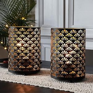 TRIROCKS Set of 2 Battery Operated Lamp 16cm Tall Metal Cordless Table Lamp Bronze Lanterns with Warm Fairy Lights Bulb for Patio Garden Wedding Parties Indoor Outdoor(Scalloped Hollow Pattern)