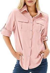 Toumett Women's UPF 50 Long Sleeve UV Sun Protection Safari Shirts Outdoor Quick Dry Fishing Hiking Travel Shirts, Pink, X-Small