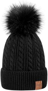 Alepo Womens Winter Beanie Hat, Warm Fleece Lined Knitted Soft Ski Cuff Cap with Pom Pom, Black, One Size