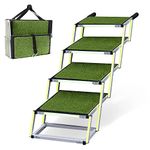 Dog Steps for Car - Dog Ramps for Cars with Glow in the Dark Marking - Grass Padded Steps Car Ramp - Suitable for Small Cars and Estates - Portable Aluminum Folding Pet Ramp for Dogs - 4 Steps
