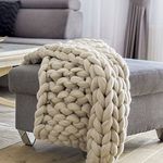SUNDEARMA Chunky Knit Blanket Throw Merino Wool Blend Yarn Handmade, Beige, 50x60