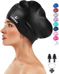 Large Long Hair Swimming Cap with Extra Room for Women Men, Silicone Swimming Hat for Long Thick Hair with Ear Plugs Nose Clip Set, Adult Waterproof Swim Cap Bathing Caps to Keep Hair Dry(Black)