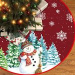 Christmas Tree Skirt, 48 Inch Large Dark Red Snowman & White Snowflakes Tree Skirt Cover, Polyester Xmas Tree Mat for Christmas Party Winter Holiday New Year Decoration Indoor Outdoor