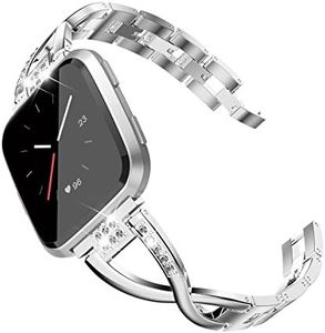 TOYOUTHS Bling Bracelet Compatible with Fitbit Versa/Versa 2 Bands for Women Stainless Steel Wristbands Replacement for Versa Lite Edition/Versa SE Accessories Dressy Metal Strap Bangle Silver