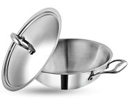 Vinod Platinum Triply Stainless Steel Kadai with Lid (26cm, 3.2L) | 2.5 mm Thick | Triply Kadai with Heavy Bottom | Induction Friendly Triply Stainless Steel Cookware Kadhai | 5 Year Warranty