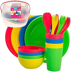 Aktive - Set menaje Picnic Camping para 4 personas tartera comida trabajo con asa menaje camping cubiertos, platos, tazas, ensaladeras vasos plástico duro reutilizable