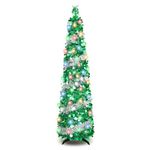 Pop Up Christmas Tree, 5FT Collapsible Artificial Christmas Tree with 90 LED Lights, Tinsel Small Pencil Christmas Tree for Home Holiday Fireplace Party Indoor Outdoor Xmas Decorations (Green&Silver)