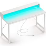 Rolanstar Computer Desk 55.1" with LED Lights & Power Outlets, Home Office Desk with Monitor Shelf, Gaming Desk, White