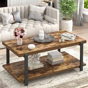FOLUBAN Modern Coffee Table, Rustic Wood Center Table with Storage for Living Room, Industrial Rectangle 2 Tier Low Cocktail Tea Table, Rustic Brown