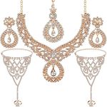 Sureio Indian Jewelry Sets for Women Bollywood Wedding Jewelry Necklace Set Choker Necklace with Maang Tikka Earrings Set Rhinestone Bridal Bracelet for Wedding Prom Party (Gold)