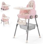 Baby High Chair,Adjustable Convertible 3 in 1 Baby High Chairs Baby Toddlers Feeding Chair Booster,5-Point Harness,Removable Tray&PU Cushion (Pink)