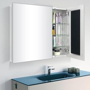 FOMAYKO Bathroom Medicine Cabinet with Farmhouse Silver Metal Framed 26(H) x30(W) Inches Double Mirror Door Recess or Surface Mount Mirror Cabinet for Bathroom Toilet Kitchen