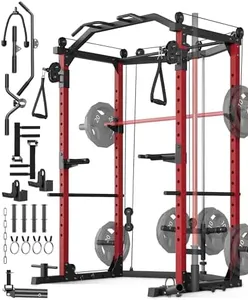 GarveeLife Power Cage, Multi-Functional Power Racks for Home Gym with Cable Crossover System, 1600 LBS Weight Capacity Fitness Squat Rack for Strength Workout with More Training Attachment, Red