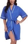 COLORFULLEAF Women's 100% Cotton Short Robes Summer Lightweight Kimono Robe Soft Spa Knit Bathrobe Sleepwear for Ladies, Blue, Small