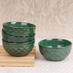 The Earth Store Studio Pottery Green Ceramic Snack Bowls for Serving Pasta, Noodle, Maggi, Cereal Microwave Safe Salad Bowl, Mixing Bowl for Snacks- Set of 4