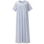 Keyocean Women Nightgowns, Soft 100% Cotton Short Sleeves Comfy Ladies Nightdress, Blue Plaid, Large