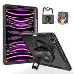 Case for iPad Pro 12.9 2022/2021: Military Grade Heavy Duty Shockproof Rugged Case for iPad Pro 12.9 Inch 6th/5th Generation with Pencil Holder - 360°Rotating Stand - Handle/Strap - Black