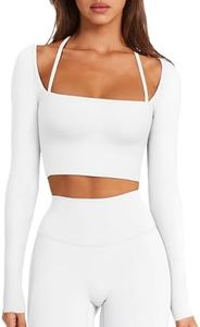 LASLULU Long Sleeve Workout Tops for Women Sexy Square Neck Crop Tops Cropped T Shirts Exercise Going Out Tops with Built in Bra(White Large)