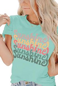 INFITTY Women's Cute Graphic T Shirt Summer Short Sleeve Tees Casual Tops Letters Sunshine Print Blouse Blue Green Size Medium