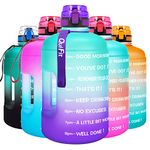 QuiFit Motivational Gallon Water Bottle - with Time Marker & Strainer & Handle Leak-Proof Infuser Water Bottle for Fitness Outdoor Sports Enthusiasts BPA Free(Green/Purple, 1 Gallon)