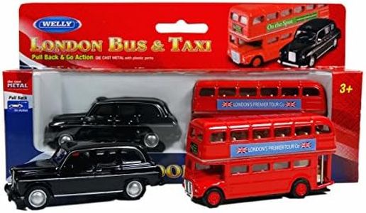 London Double Decker Red Bus and Black Taxi Mini Models (Pull Back & Go Action) Made of Die Cast Metal and Plastic Parts - British Souvenir Toy from England UK