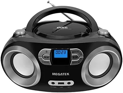 MEGATEK Portable CD Boombox with FM Stereo Radio, Bluetooth, USB Port, and Backlit LCD Display | CD-R/CD-RW/MP3-CD Compatible | AUX Input | Headphone Jack | Programmable CD Player - Black