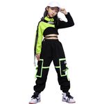 LOLANTA Kids Girls Hip Hop Street Dance Outfit, Stylish Cropped Top Cargo Trousers Clothing Set(8-9 Years, Black,Tag 140)