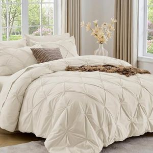 Sasttie King Size Comforter Set, 7-Piece Bed in a Bag, Pintuck Bedding Set for All Season, Includes Comforter, Flat Sheet, Fitted Sheet, Pillowcases and Pillowshams, Beige