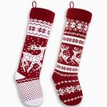 Starry Dynamo Knit Christmas Stockings 26-Inch Extra Long Hand-Knitted Red/White Big & Little Reindeer Snowflakes Xmas Tree Holiday Décor (2-Pack)